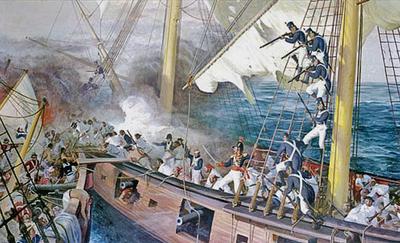 Marine Corps combat art, First 100 Years: USS Wasp vs HMS Reindeer 1814, by Sgt. Richard L. Yaco