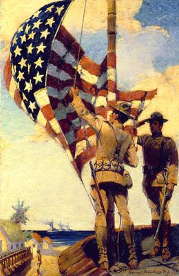 Marine Corps combat art, First 100 Years: Sgt. Major John Quick raising the flag at Vera Cruz, Mexico - 1914, by Sidney Riesenberg