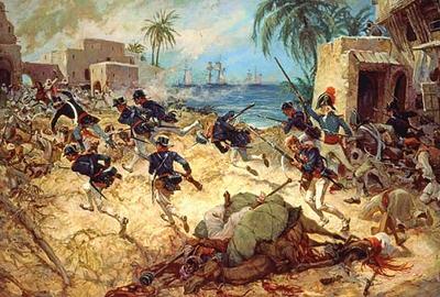 Marine Corps combat art, First 100 Years: Presley O'Bannon assaulting Derna in 1805. The Shores of Tripoli., by Col. Charles H. Waterhouse