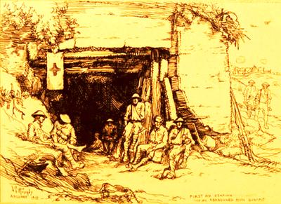 Marine Corps combat art, World War I: First Aid Station in an Abandoned Gun-Pit, by Lester Hornby