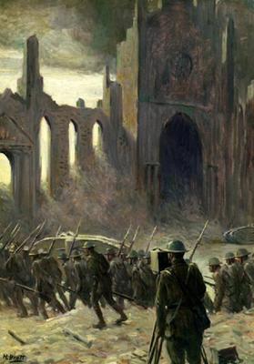 Marine Corps combat art, World War I: Troops Advancing Through Northern France Harold Brett, by Harold Brett