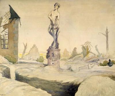 Marine Corps combat art, World War I: Bacchus Survivor, In a Ruined Château in Champagne Country (ca. 1919, watercolor and pencil on paperboard), by Claggett Wilson
