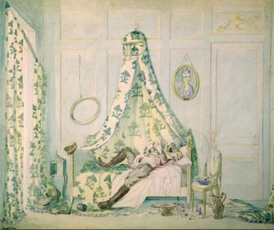 Marine Corps combat art, World War I: Boudoir of Madame La Comtesse H… Black Death Lay Heavy… (ca. 1919, watercolor and pencil on paperboard), by Claggett Wilson