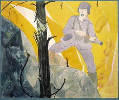 Marine Corps combat art, World War I: Grenadier Cut Off in the Flaming Woods (ca. 1919, watercolor and pencil on paperboard), by Claggett Wilson