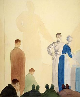 Marine Corps combat art, World War I: Hospital. On the Stretcher I Lay… Great Shadows Quivered… (ca. 1919, watercolor and pencil on paperboard), by Claggett Wilson