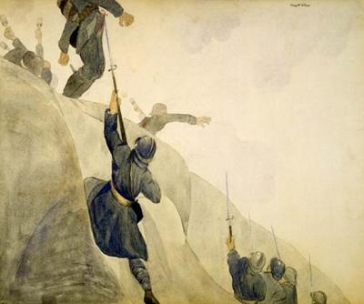 Marine Corps combat art, World War I: Rosalie, Rosalie! Rosalie is the Nickname of the French Bayonet (ca. 1919, watercolor and pencil on paperboard), by Claggett Wilson