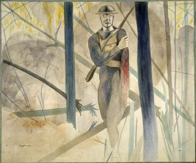 Marine Corps combat art, World War I: Runner Through the Barrage, Bois de Belleau, Château-Thierry Sector; His Arm Shot Away, His Mind Gone (ca. 1919, watercolor and pencil on paperboard), by Claggett Wilson