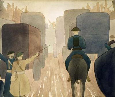 Marine Corps combat art, World War I: Marine Brigade Moving up for the St. Mihiel Attack (ca. 1919, watercolor and pencil on paperboard), by Claggett Wilson