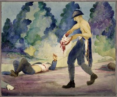 Marine Corps combat art, World War I: Stragglers, French Wounded in the Retreat of Château-Thierry (ca. 1919, watercolor and pencil on paperboard), by Claggett Wilson