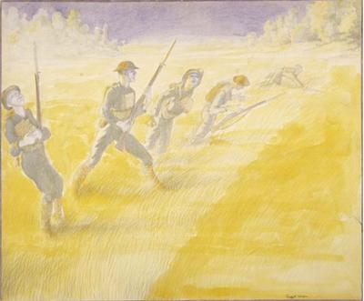 Marine Corps combat art, World War I: First Attack on the Bois de Belleau, Marines Advancing, June 6, 1918 (ca. 1919, watercolor and pencil on paperboard), by Claggett Wilson