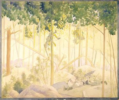 Marine Corps combat art, World War I: Early Morning—Bois de Belleau, Sniper Who Had Been Potted That Night (ca. 1919, watercolor and pencil on paperboard), by Claggett Wilson