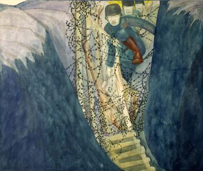 Marine Corps combat art, World War I: Raid on Our Trench (ca. 1919, watercolor and pencil on paperboard), by Claggett Wilson